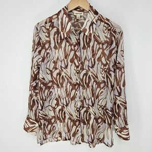 Open Edit Small Brown Abstract Zebra Print Long Sleeve Button Down Shirt Classic